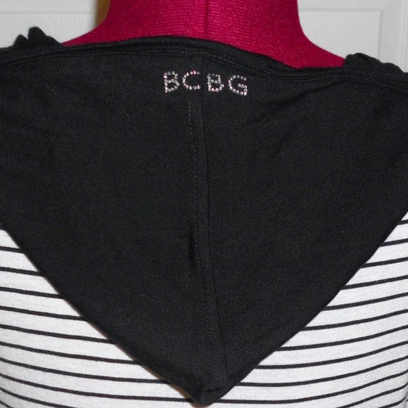 New BCBG Black/White Striped L/S Hoodie Top Button Front - Picture 2 of 7